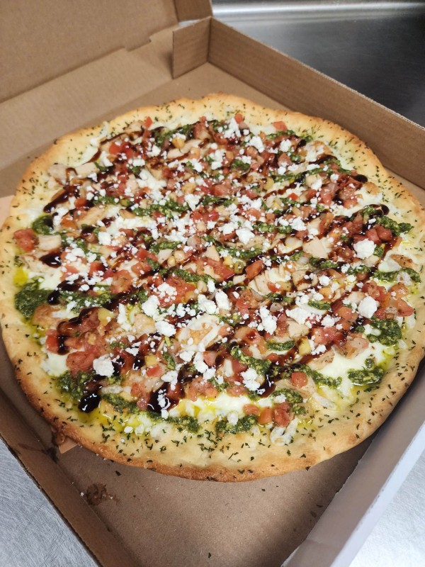 Grilled Chicken Bruschetta Pizza with Creamy Pesto and Balsamic Glaze